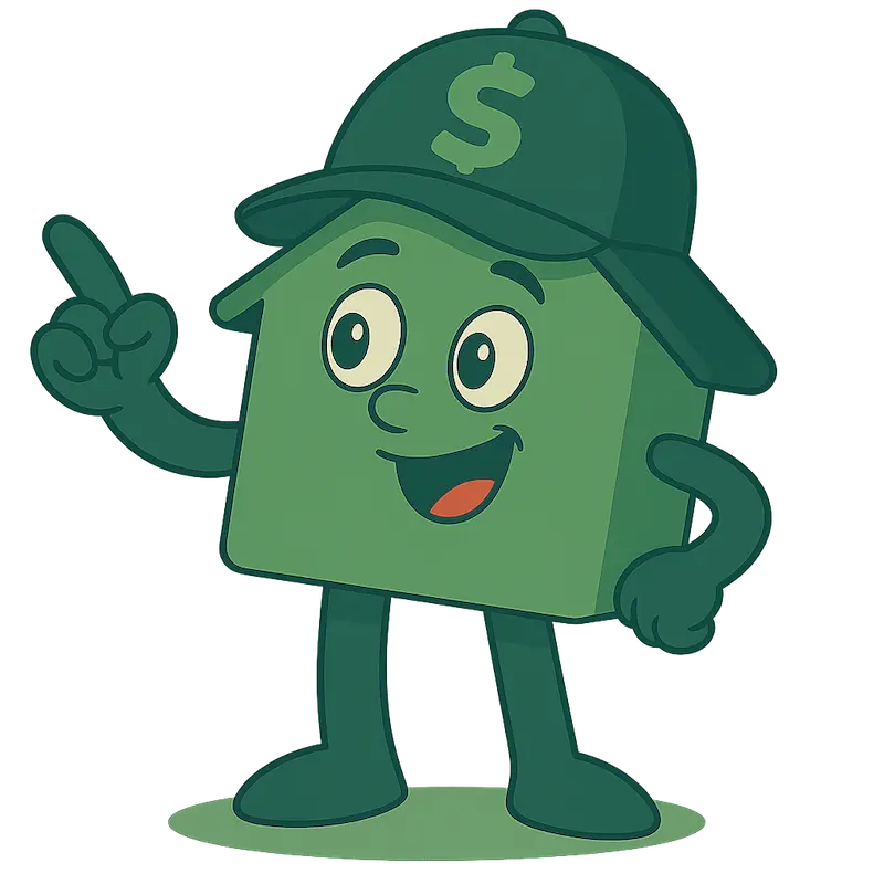 Cashy the House Buyers Cash mascot pointing up to explain your home selling options