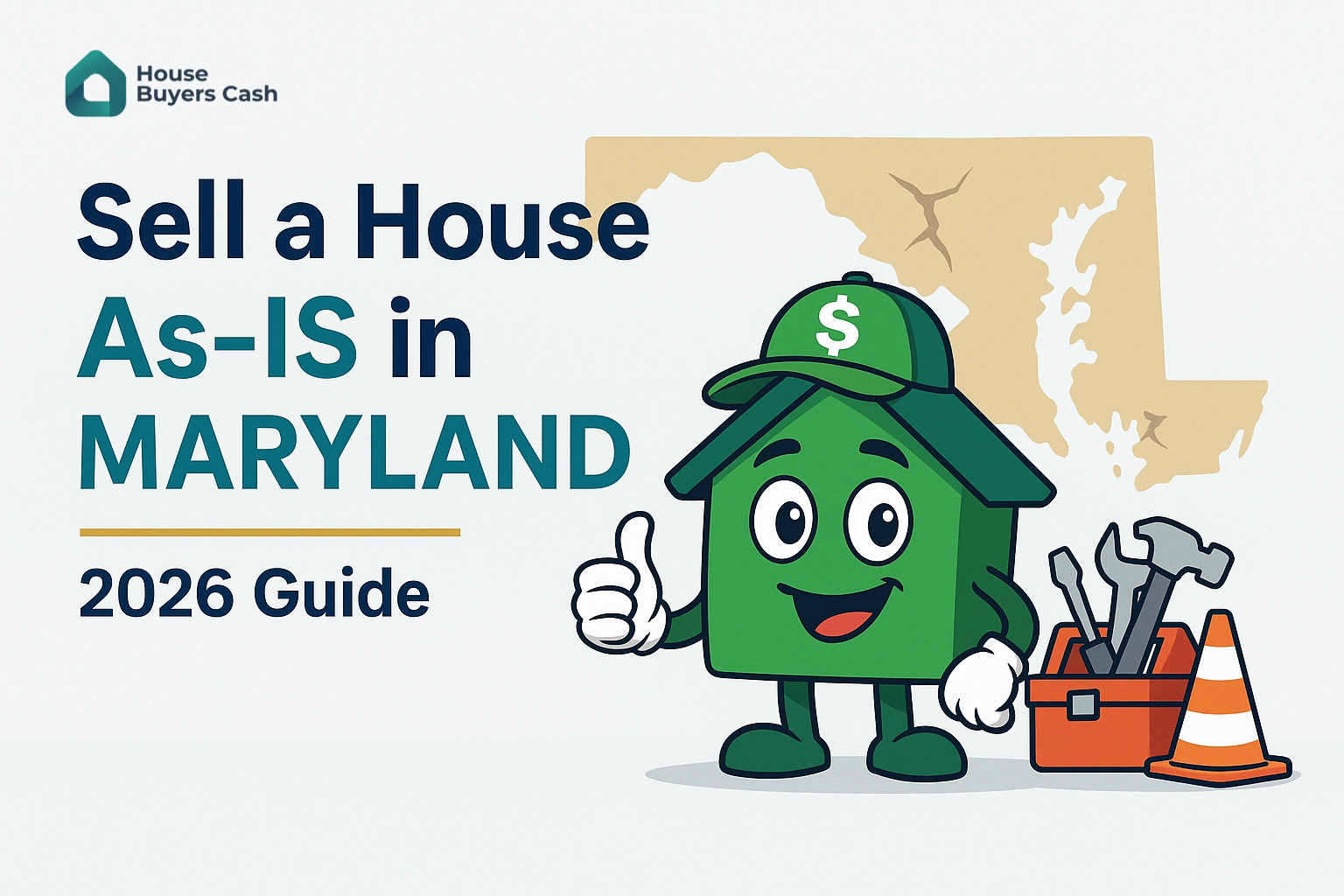 Cashy featured image for Sell a House As-Is in Maryland 2026 Guide with Maryland outline and fixer-upper cues