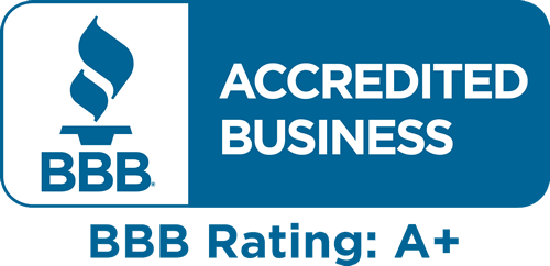 Blue BBB Accredited Business logo with A+ rating.