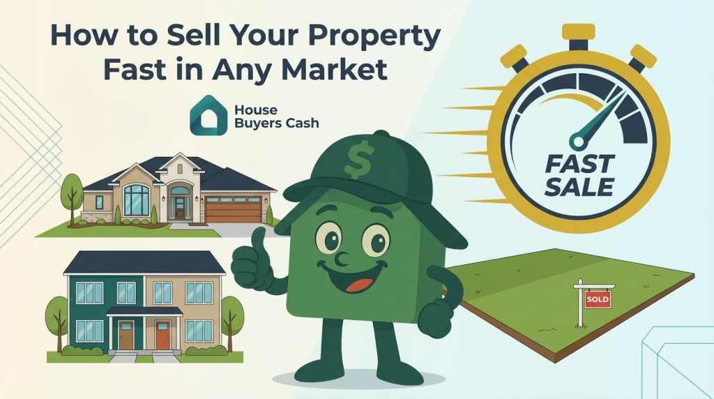 How to sell your property fast in any market - House Buyers Cash guide with Cashy mascot