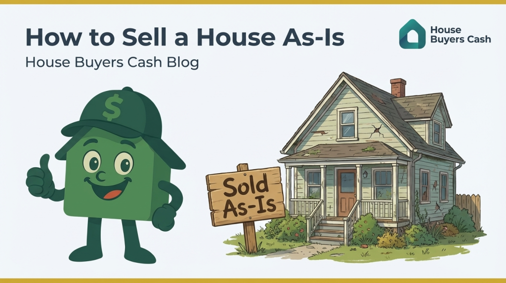 How to sell a house as-is complete guide with House Buyers Cash mascot Cashy