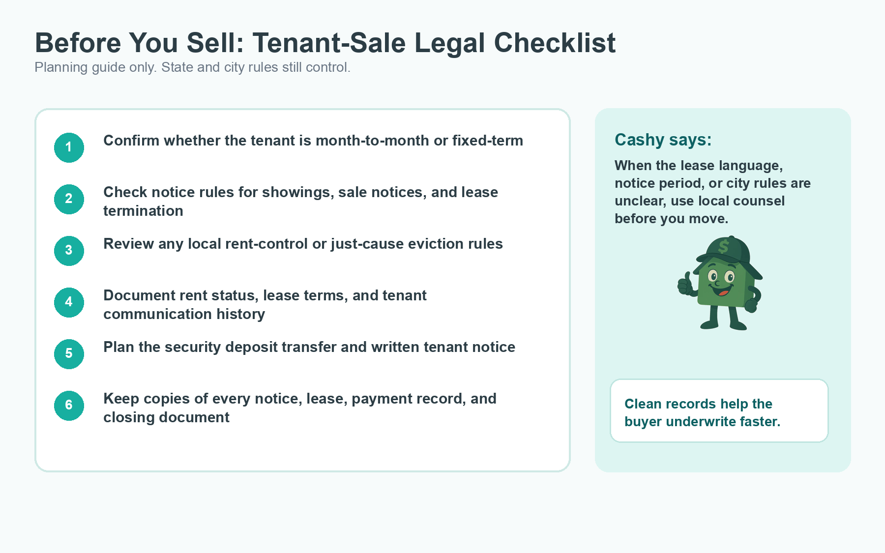 Checklist graphic covering notice rules, lease terms, deposit transfer, and documentation before selling a rental