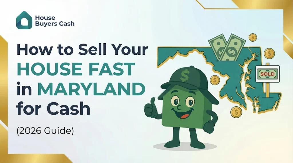 Illustrated guide on selling houses fast for cash in Maryland, featuring a smiling house character and a map.