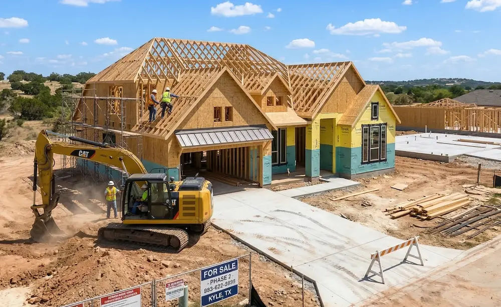 building a house in Kyle TX with exposed framework, near an excavator.