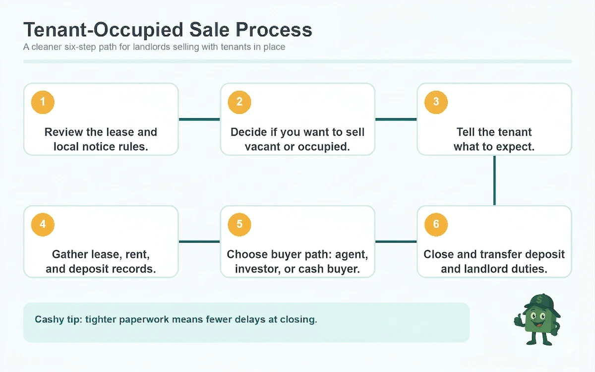 Flowchart illustrating a six-step tenant-occupied sale process for landlords.